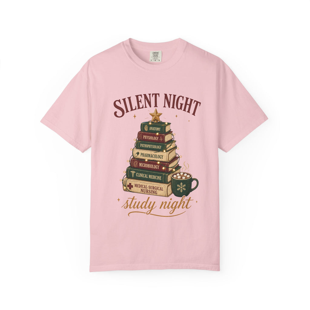 Silent Night Study Night medical textbook Christmas tree Comfort Colors 1717 tee in Blossom