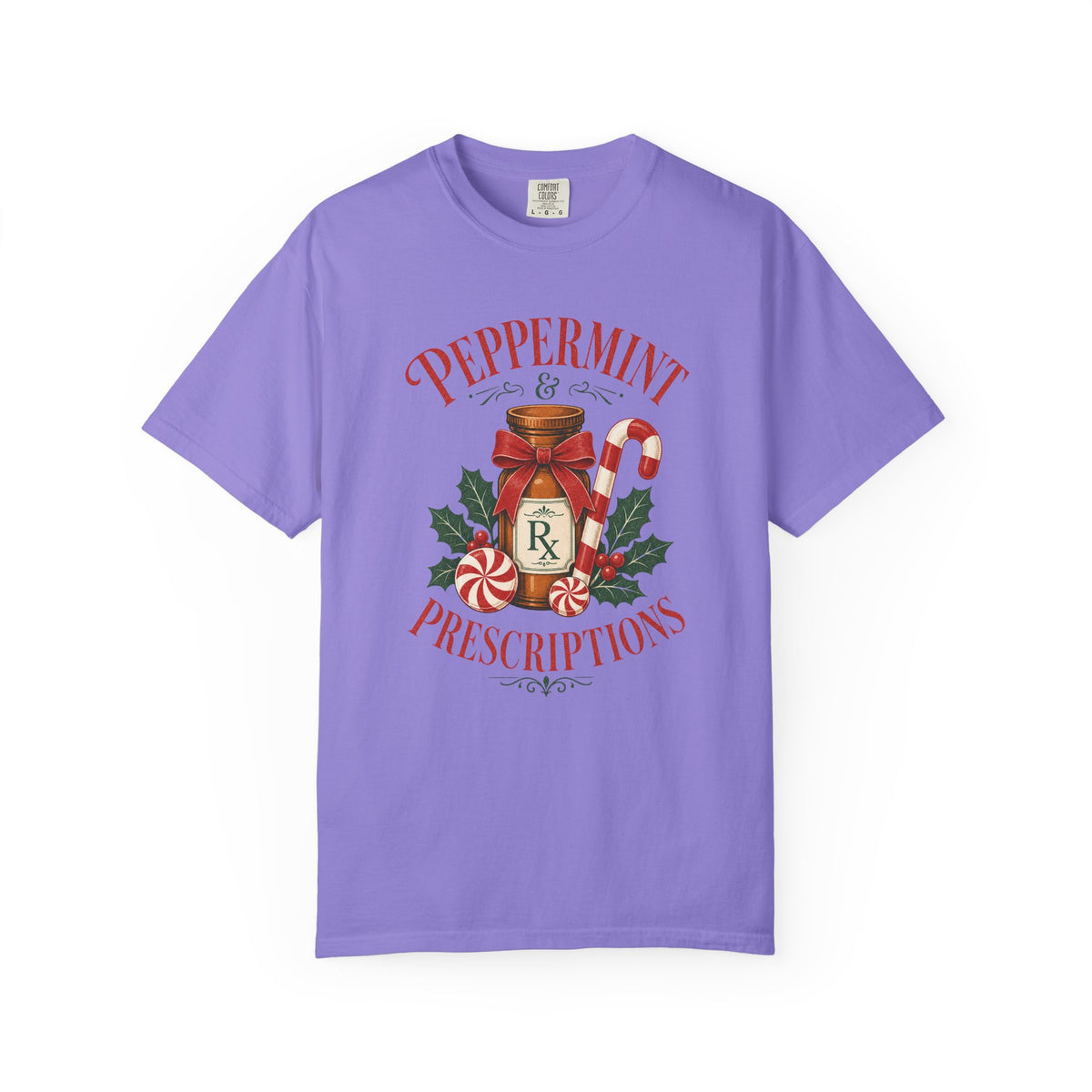 Peppermint and Prescriptions Rx bottle Christmas Comfort Colors 1717 tee in Violet
