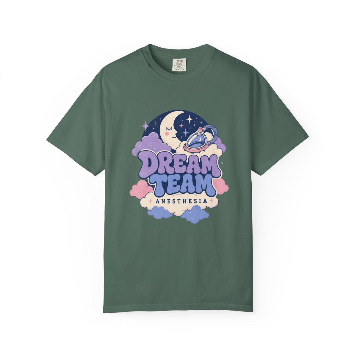 Dream Team Anesthesia moon, clouds and anesthesia mask Comfort Colors 1717 tee in Blue Spruce