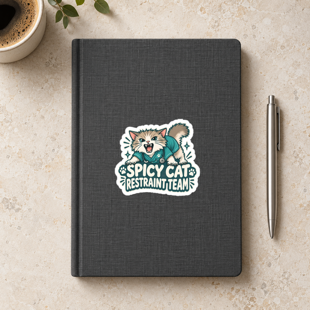 Spicy Cat Restraint Team Sticker in the 3 × 3 inch size shown on a charcoal notebook in an illustrative lifestyle mockup