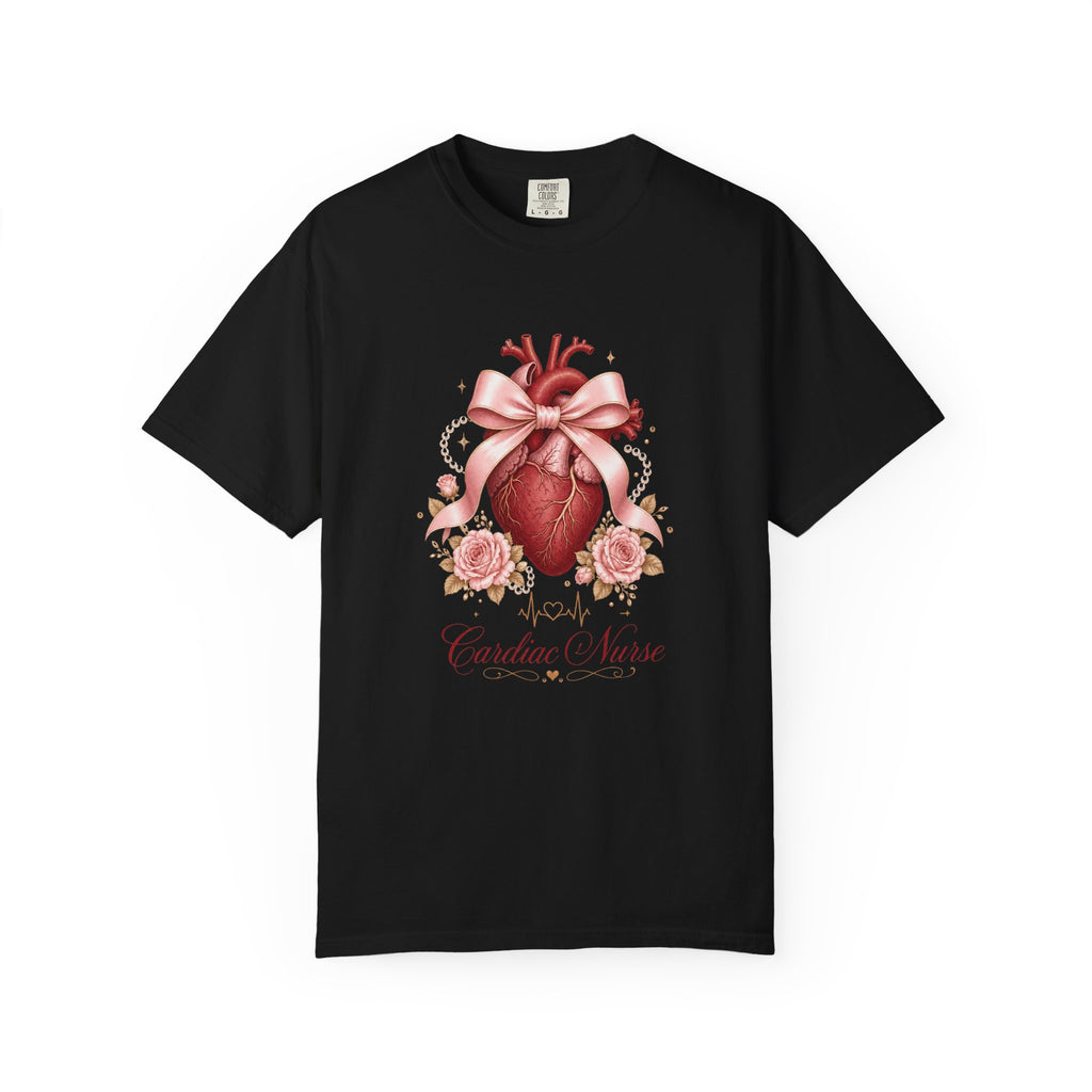 Cardiac Nurse anatomical heart, pink bow and roses Comfort Colors 1717 tee in Black