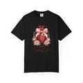 Cardiac Nurse anatomical heart, pink bow and roses Comfort Colors 1717 tee in Black