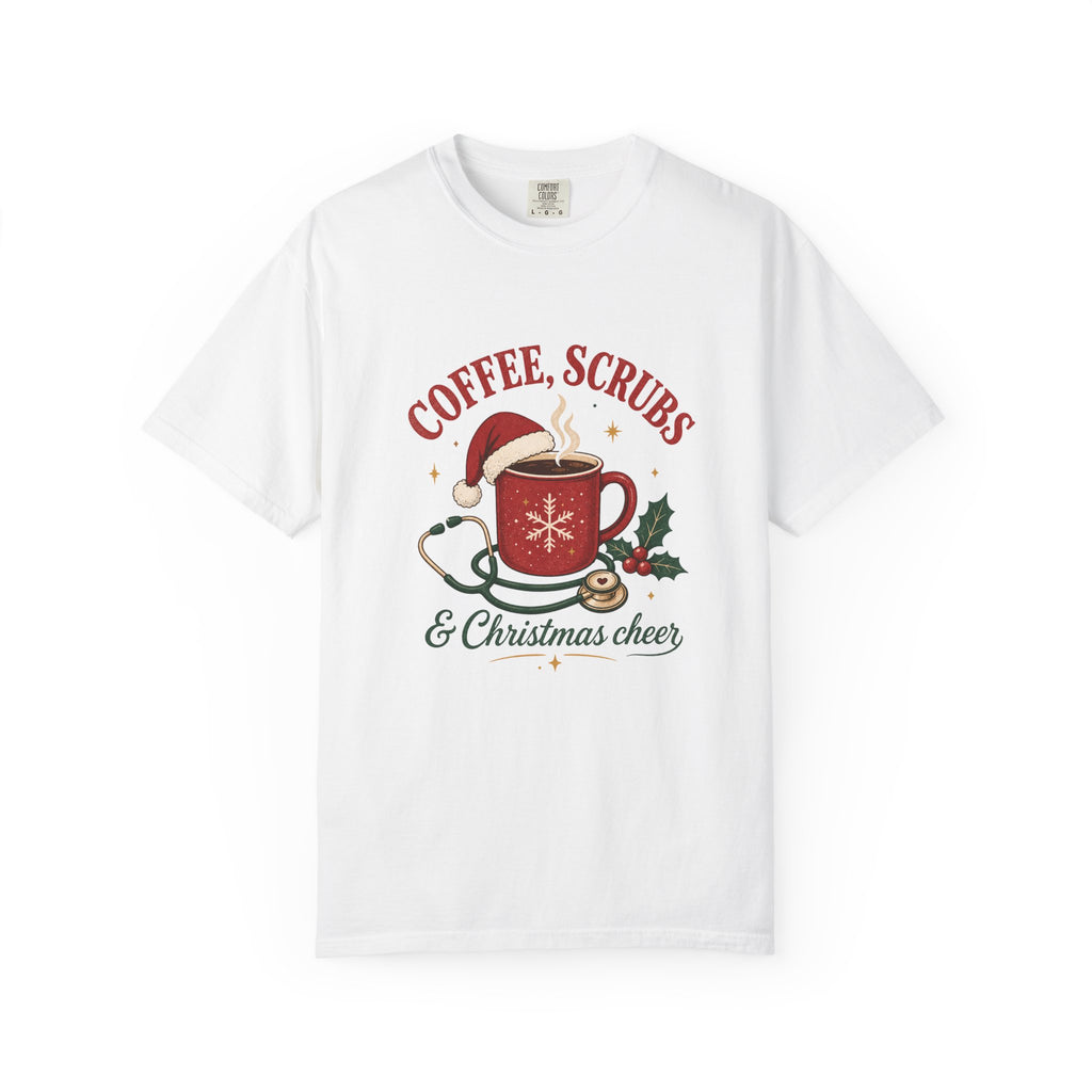 Coffee Scrubs and Christmas Cheer printed Comfort Colors 1717 tee in White