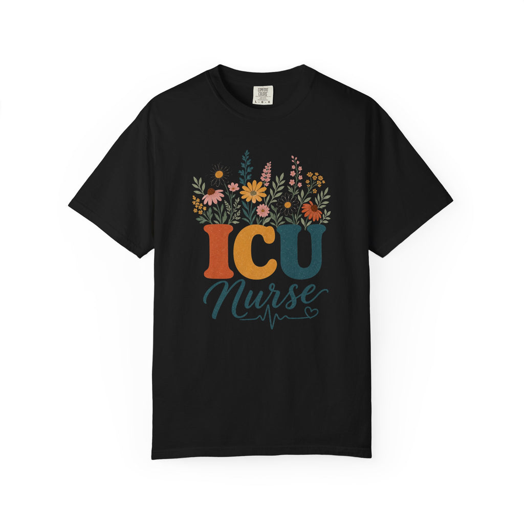 Wildflower ICU Nurse Comfort Colors 1717 tee in Black
