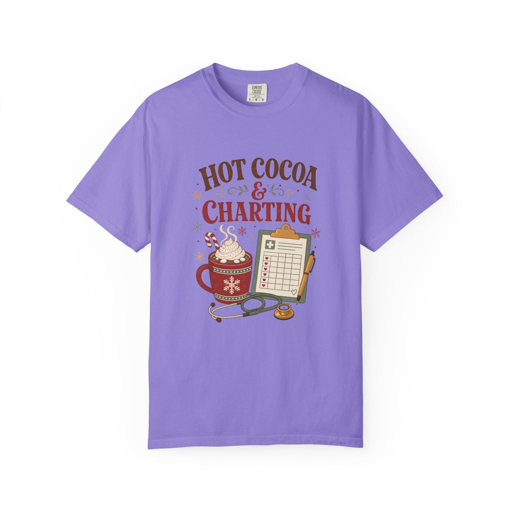 Hot Cocoa and Charting printed Comfort Colors 1717 Christmas tee in Violet