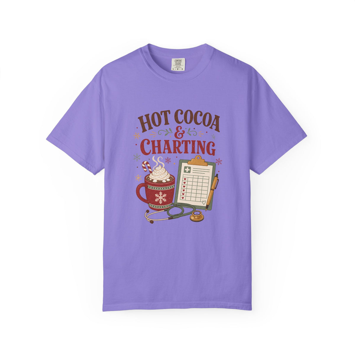 Hot Cocoa and Charting printed Comfort Colors 1717 Christmas tee in Violet