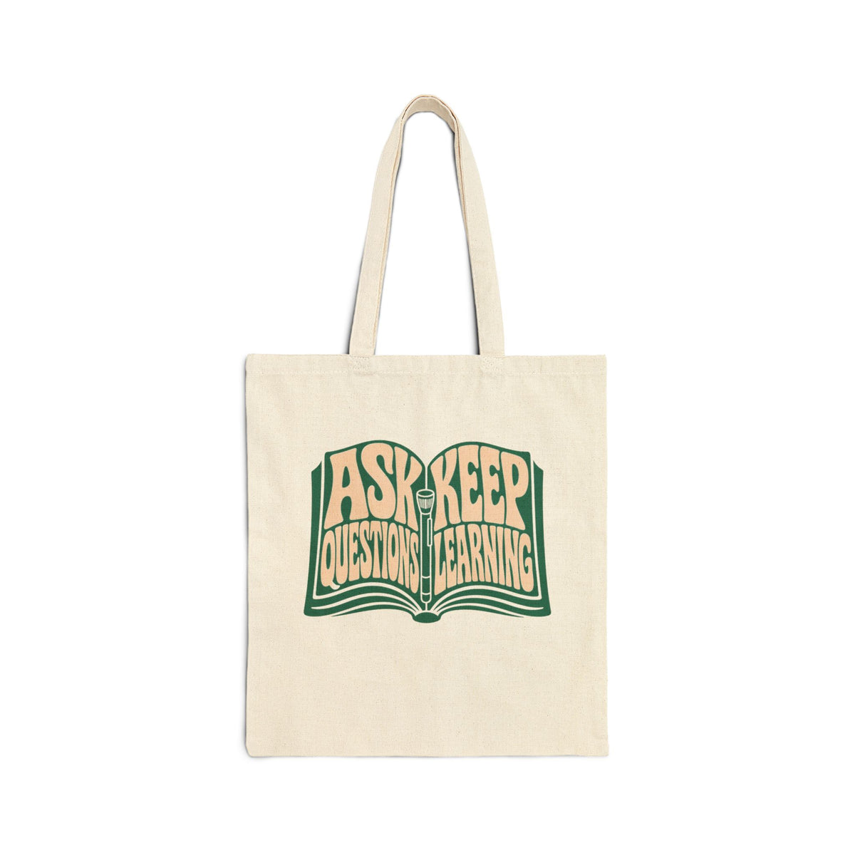 Ask Questions Keep Learning tote in Natural, front view on white