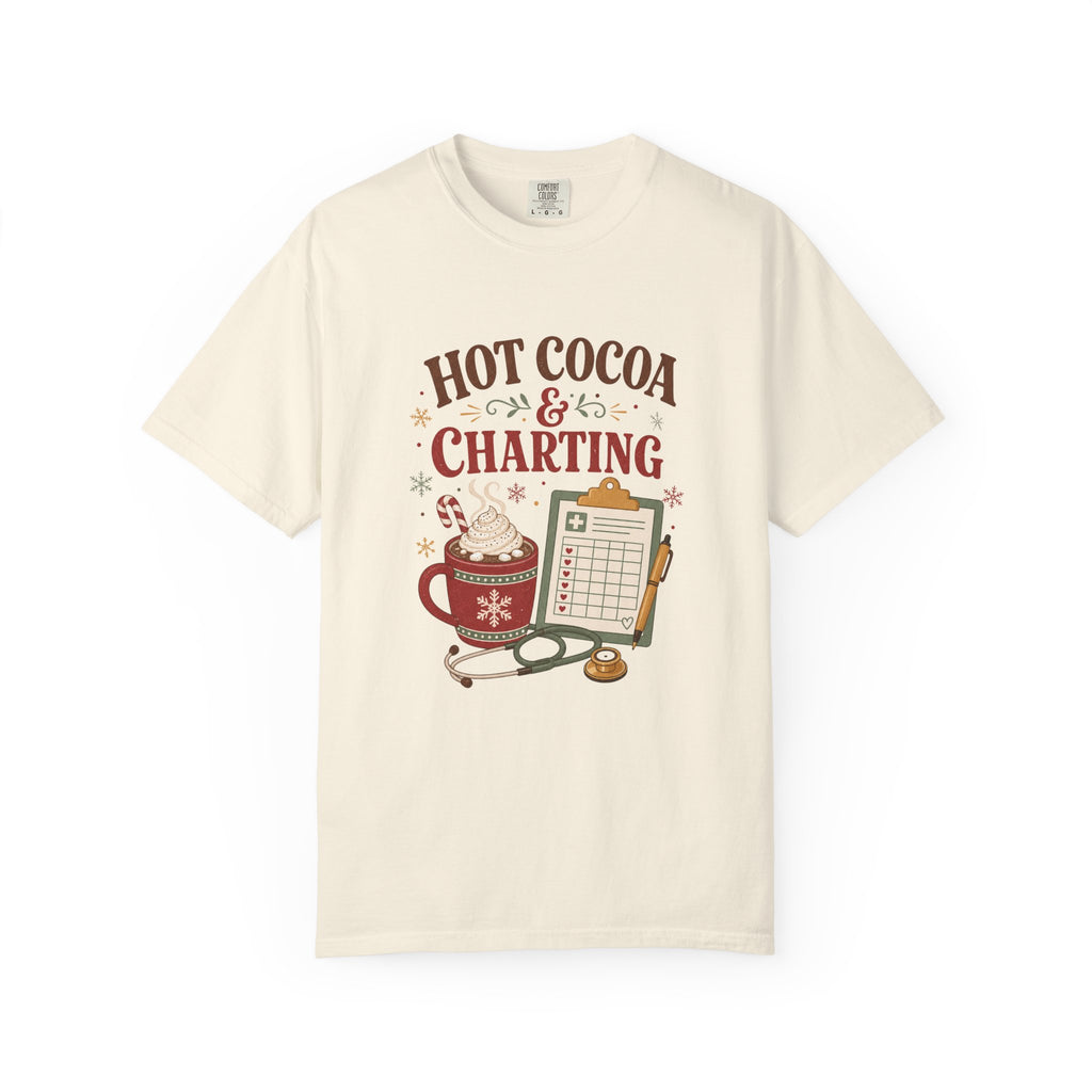 Hot Cocoa and Charting printed Comfort Colors 1717 Christmas tee in Ivory
