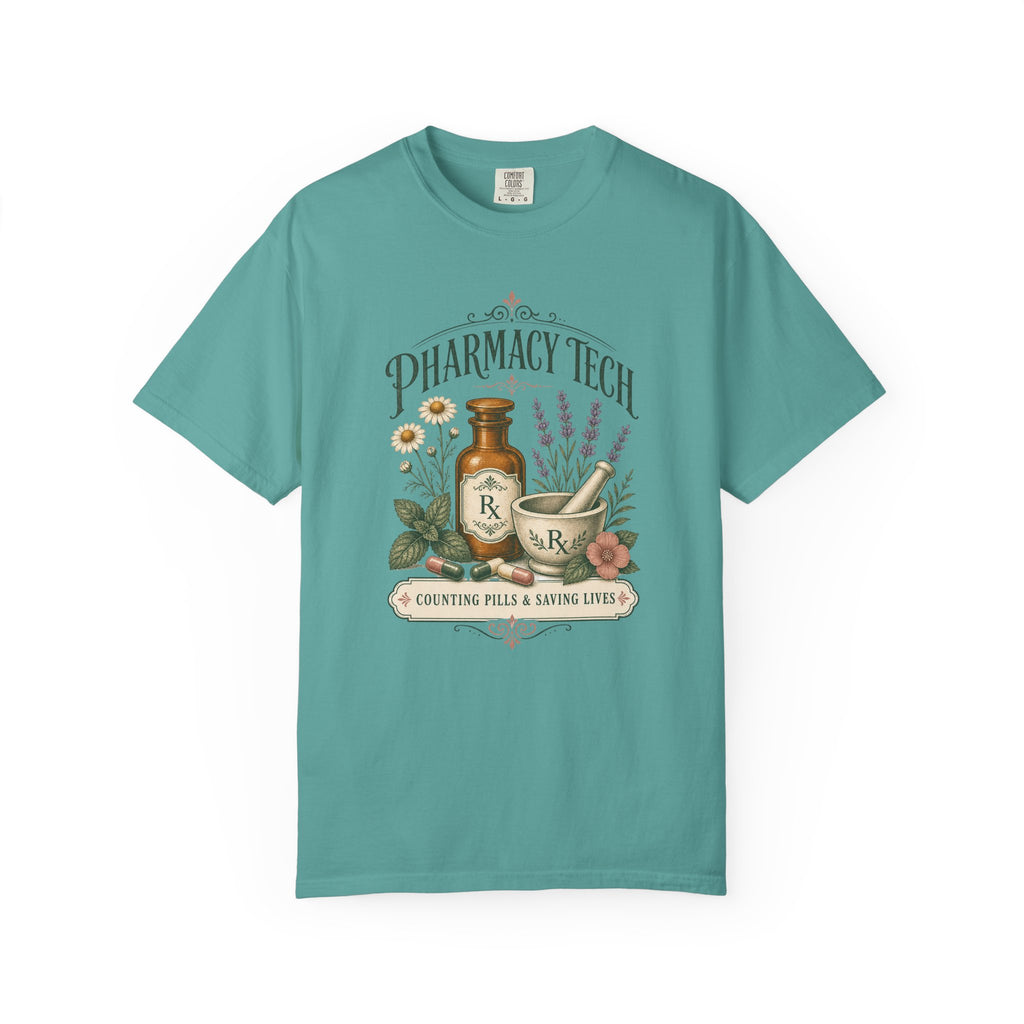 Pharmacy Tech Counting Pills and Saving Lives botanical Comfort Colors 1717 tee in Seafoam