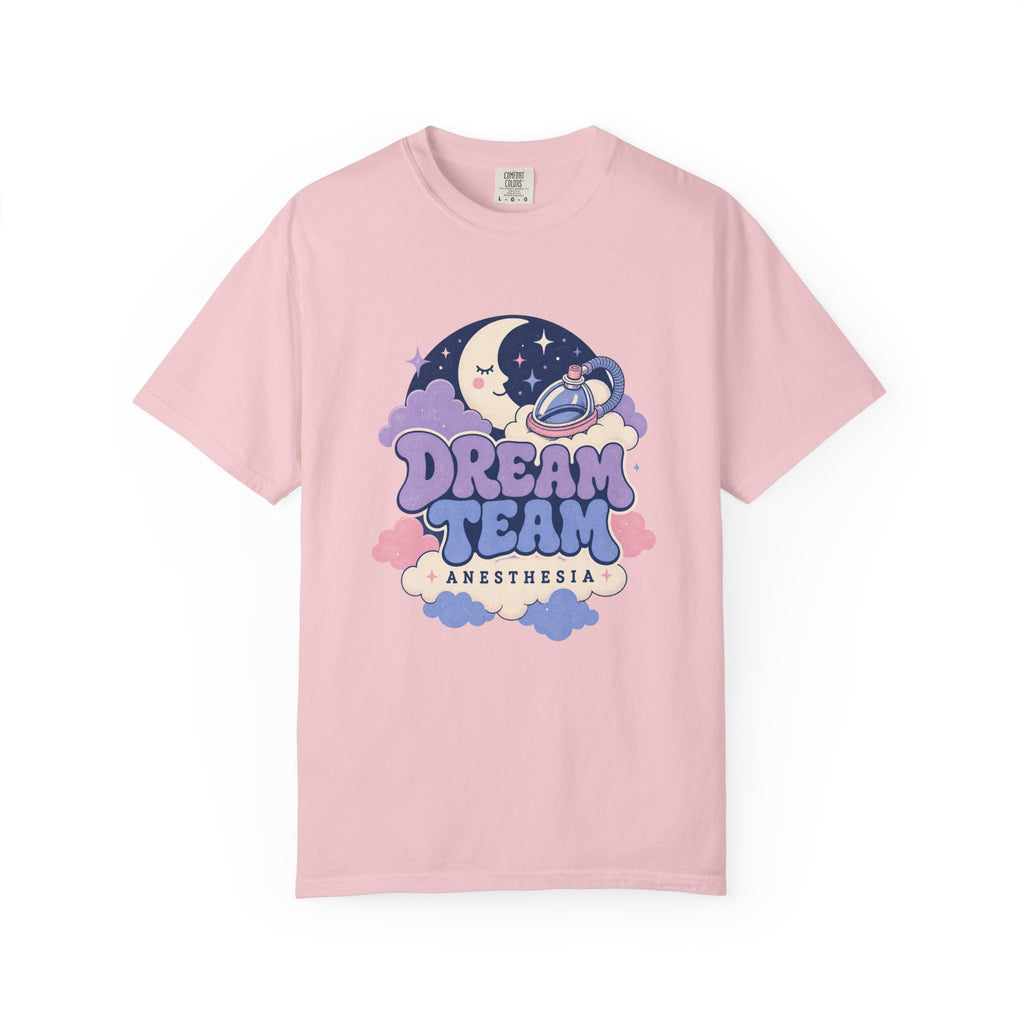 Dream Team Anesthesia moon, clouds and anesthesia mask Comfort Colors 1717 tee in Blossom