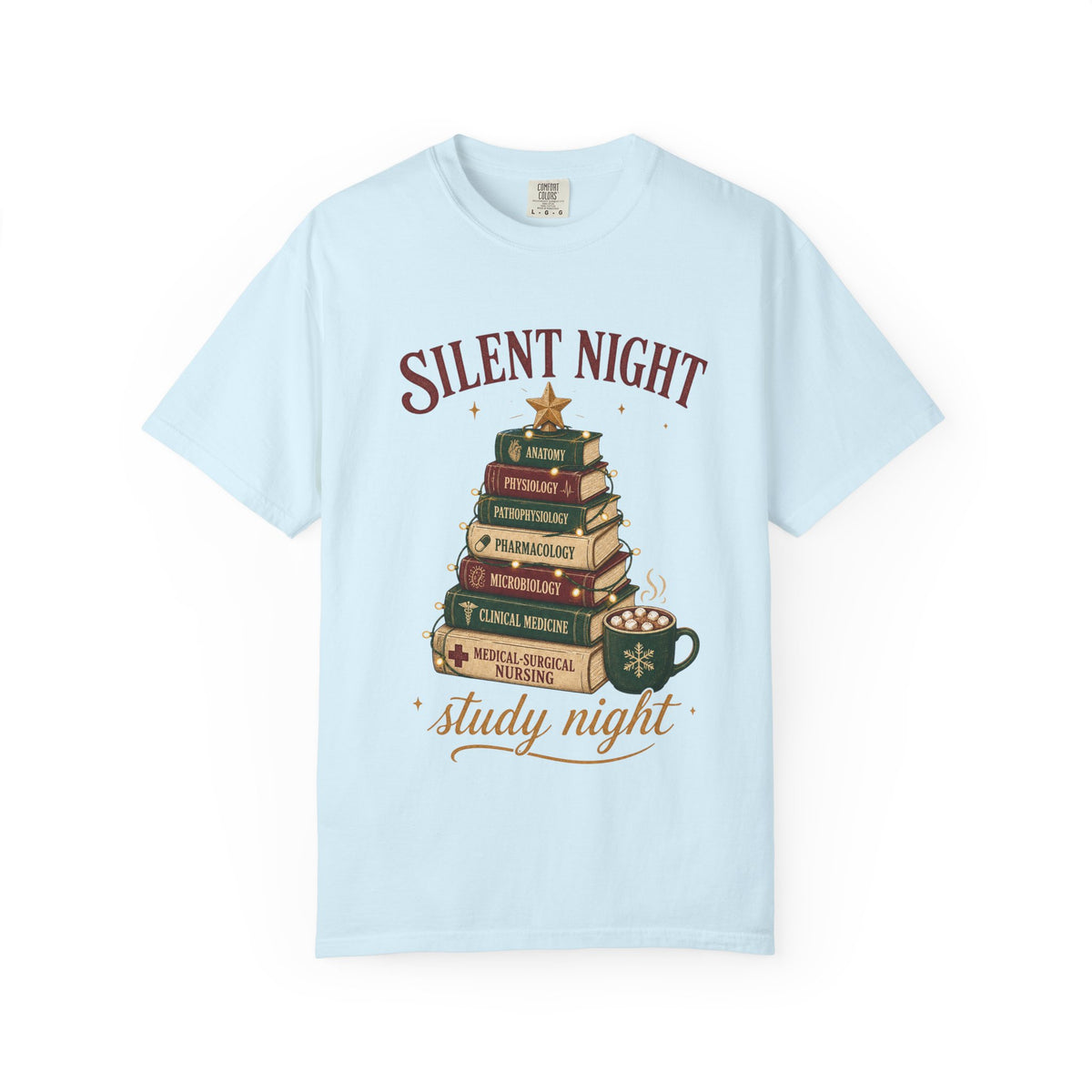 Silent Night Study Night medical textbook Christmas tree Comfort Colors 1717 tee in Chambray