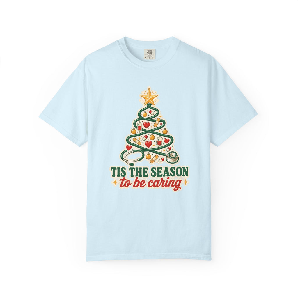 Tis the Season to Be Caring stethoscope Christmas tree Comfort Colors 1717 tee in Chambray