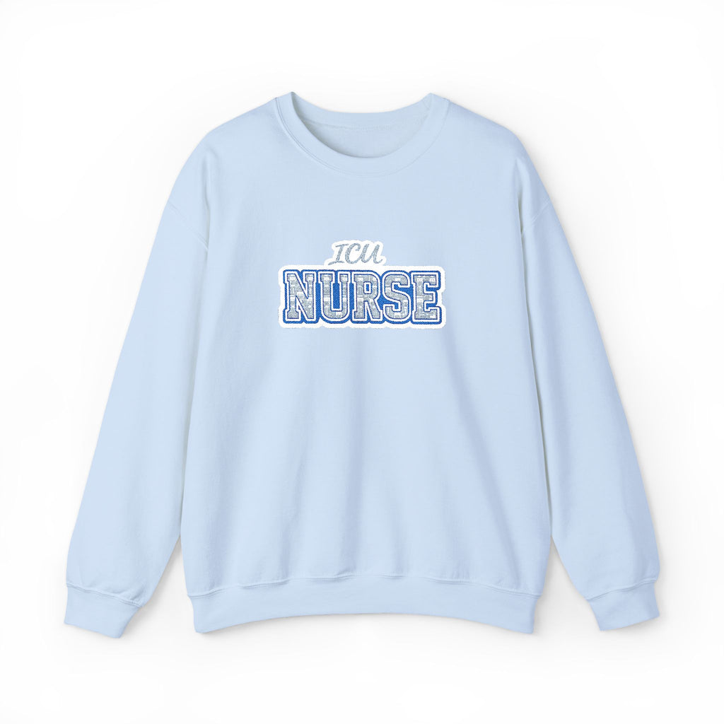 ICU Nurse Collegiate Embroidered Sweatshirt in Light Blue
