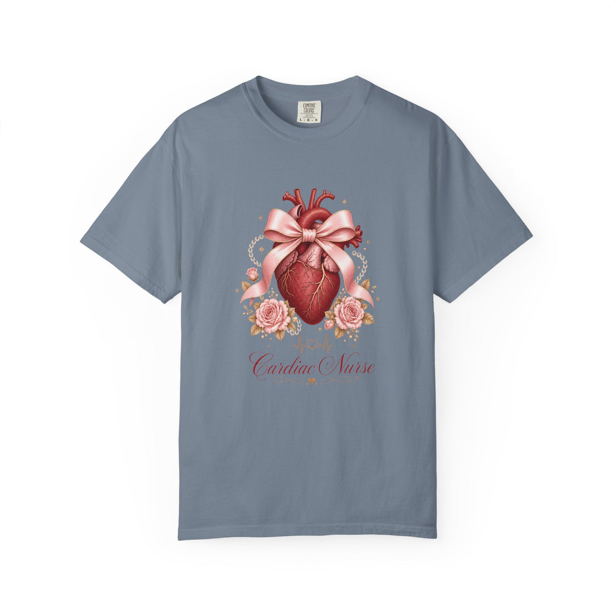 Cardiac Nurse anatomical heart, pink bow and roses Comfort Colors 1717 tee in Blue Jean
