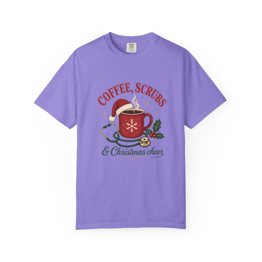 Coffee Scrubs and Christmas Cheer printed Comfort Colors 1717 tee in Violet