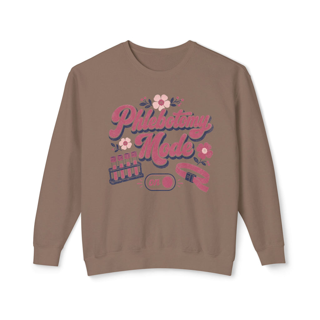 Phlebotomy Mode On Comfort Colors sweatshirt in Espresso, front view on white