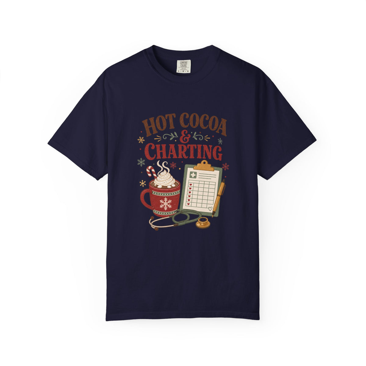 Hot Cocoa and Charting printed Comfort Colors 1717 Christmas tee in True Navy