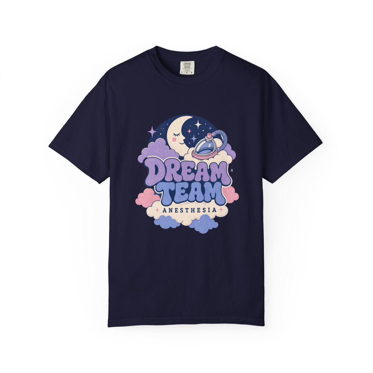Dream Team Anesthesia moon, clouds and anesthesia mask Comfort Colors 1717 tee in True Navy