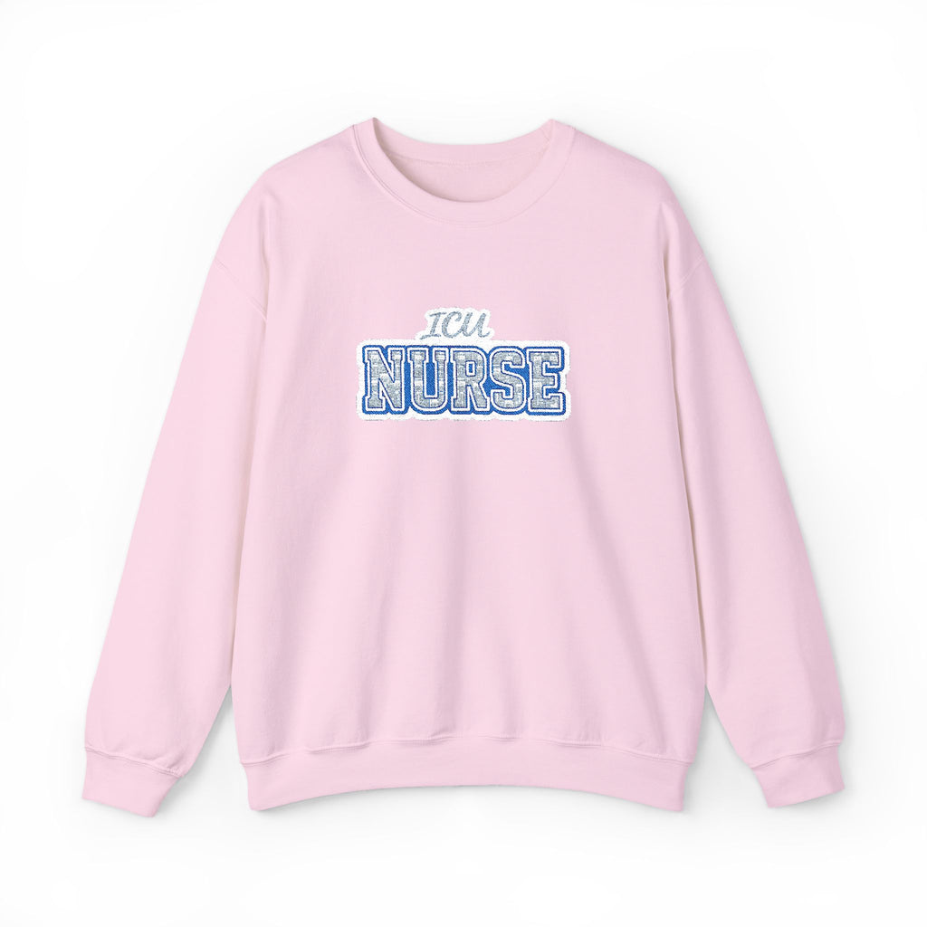 ICU Nurse Collegiate Embroidered Sweatshirt in Light Pink