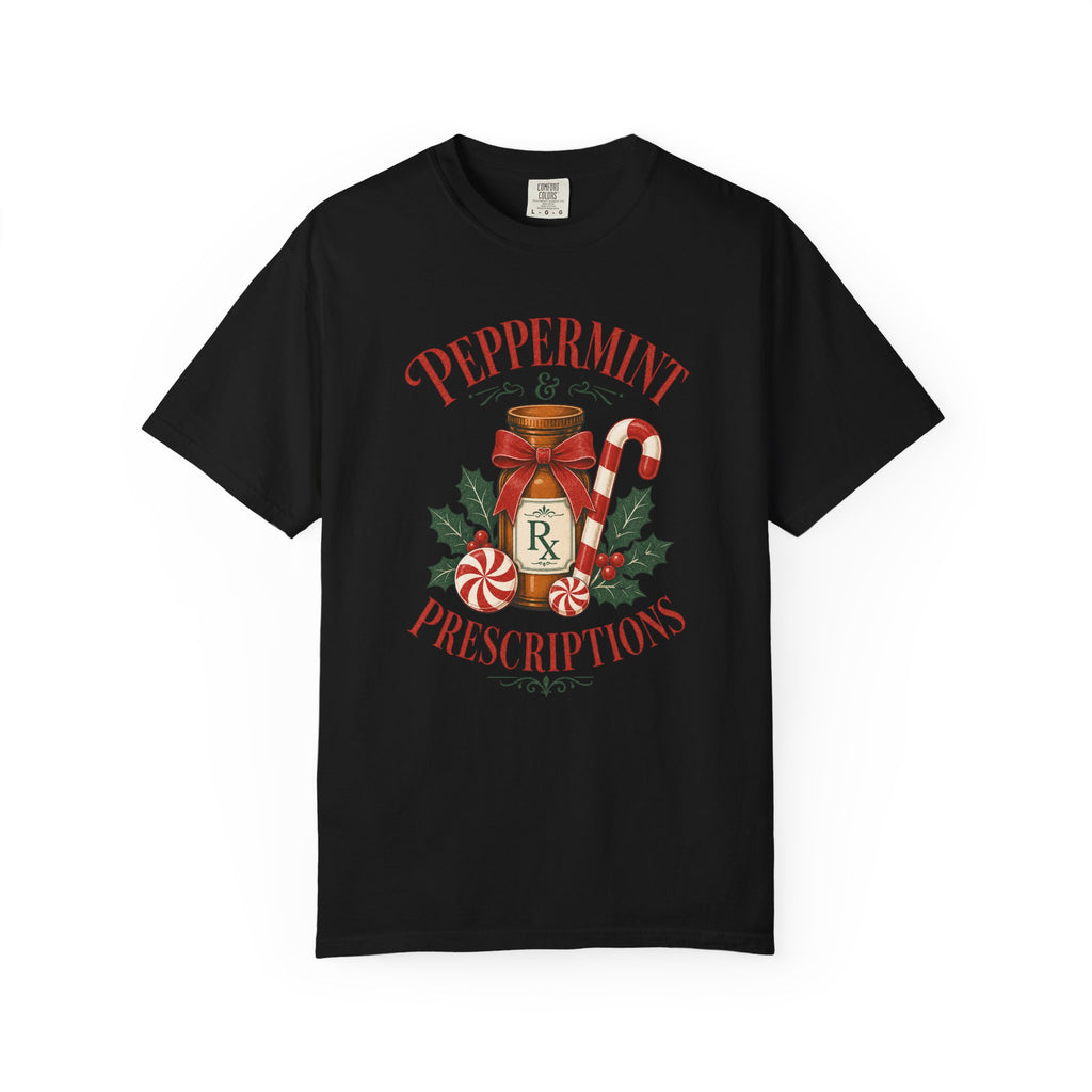 Peppermint and Prescriptions Rx bottle Christmas Comfort Colors 1717 tee in Black