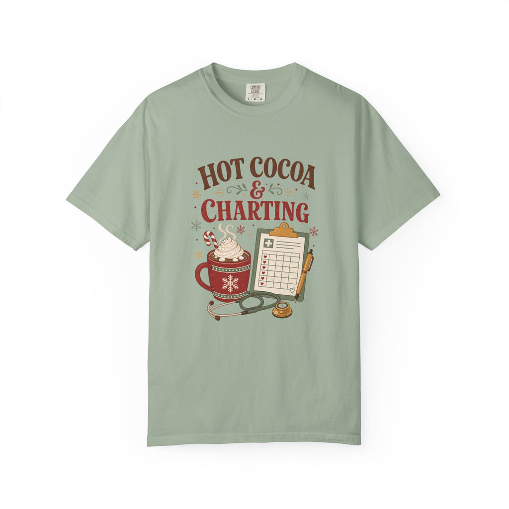Hot Cocoa and Charting printed Comfort Colors 1717 Christmas tee in Bay