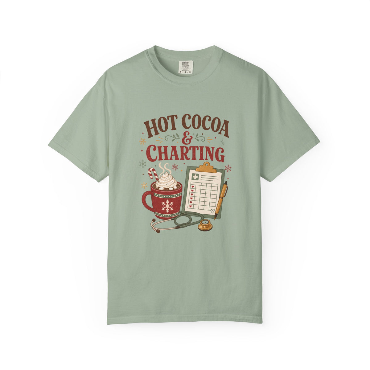 Hot Cocoa and Charting printed Comfort Colors 1717 Christmas tee in Bay