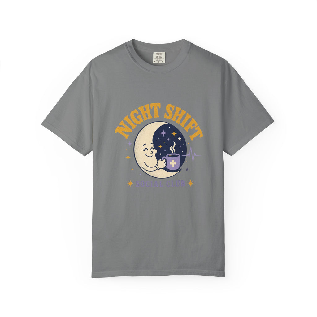 Night Shift Social Club moon and coffee Comfort Colors 1717 tee in Grey