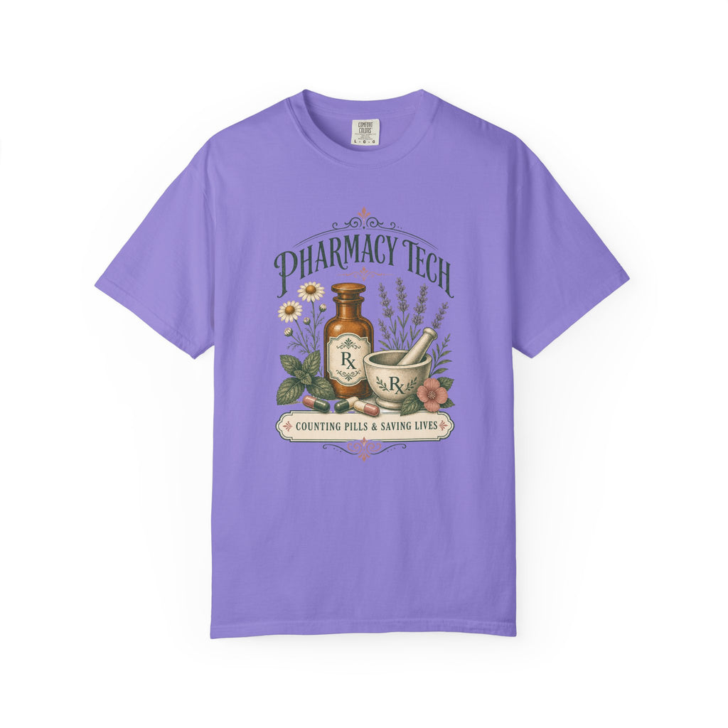 Pharmacy Tech Counting Pills and Saving Lives botanical Comfort Colors 1717 tee in Violet