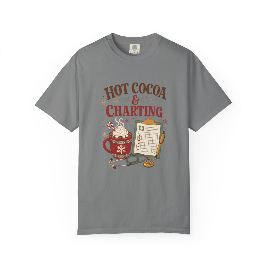 Hot Cocoa and Charting printed Comfort Colors 1717 Christmas tee in Grey