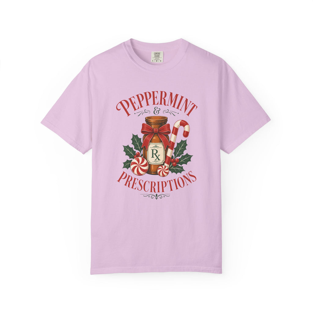 Peppermint and Prescriptions Rx bottle Christmas Comfort Colors 1717 tee in Orchid