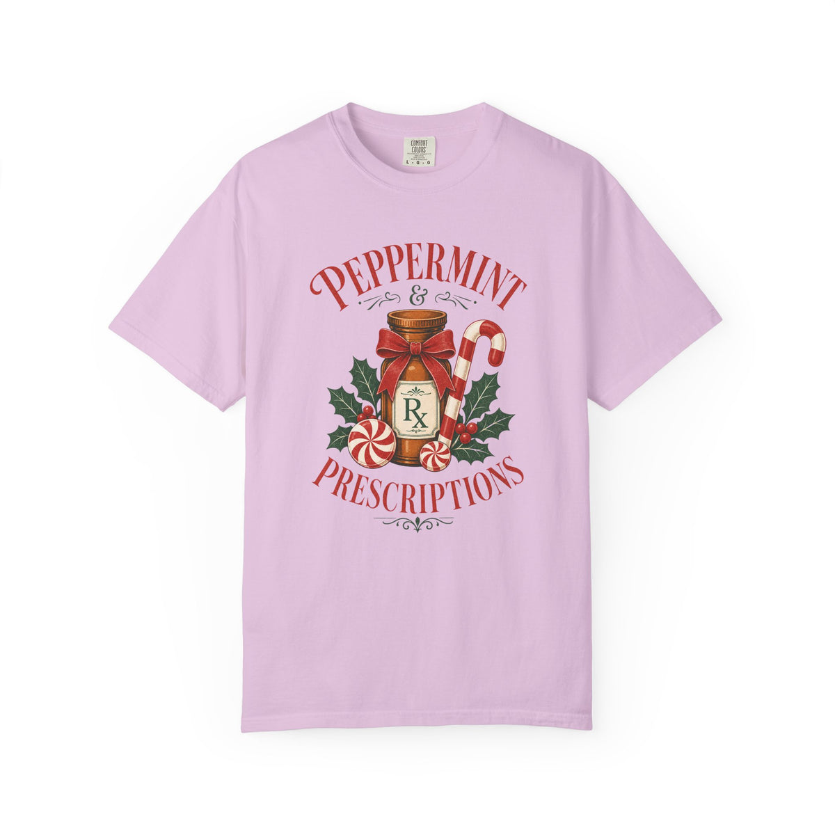 Peppermint and Prescriptions Rx bottle Christmas Comfort Colors 1717 tee in Orchid