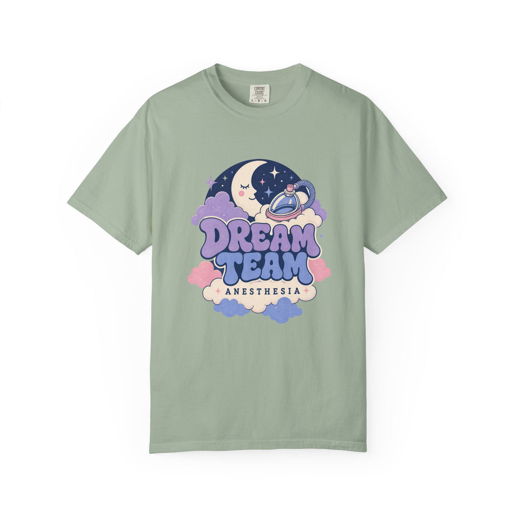 Dream Team Anesthesia moon, clouds and anesthesia mask Comfort Colors 1717 tee in Bay