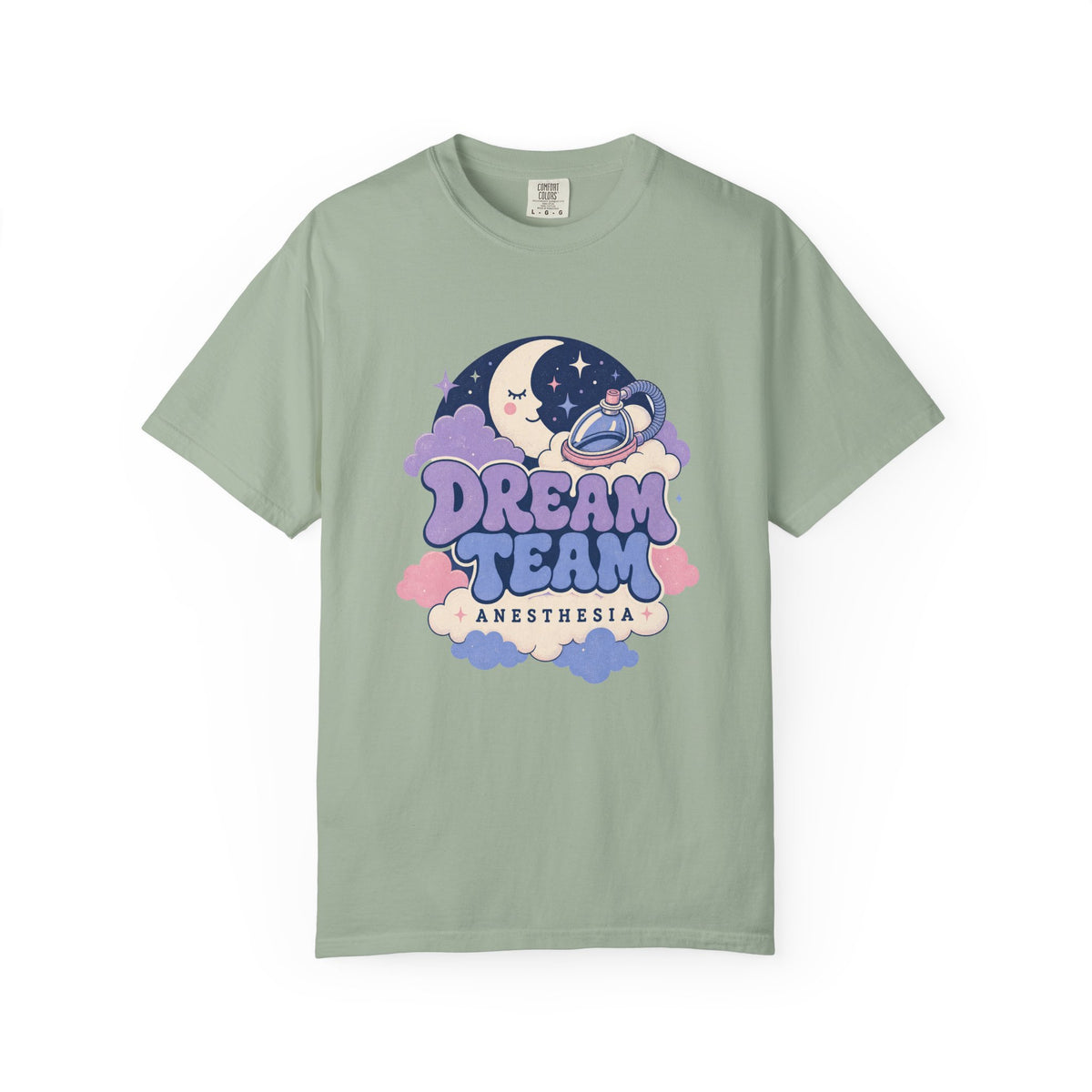 Dream Team Anesthesia moon, clouds and anesthesia mask Comfort Colors 1717 tee in Bay