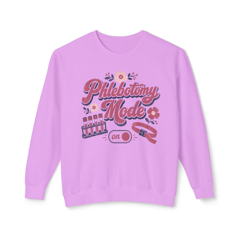 Phlebotomy Mode On Comfort Colors sweatshirt in Neon Violet, front view on white