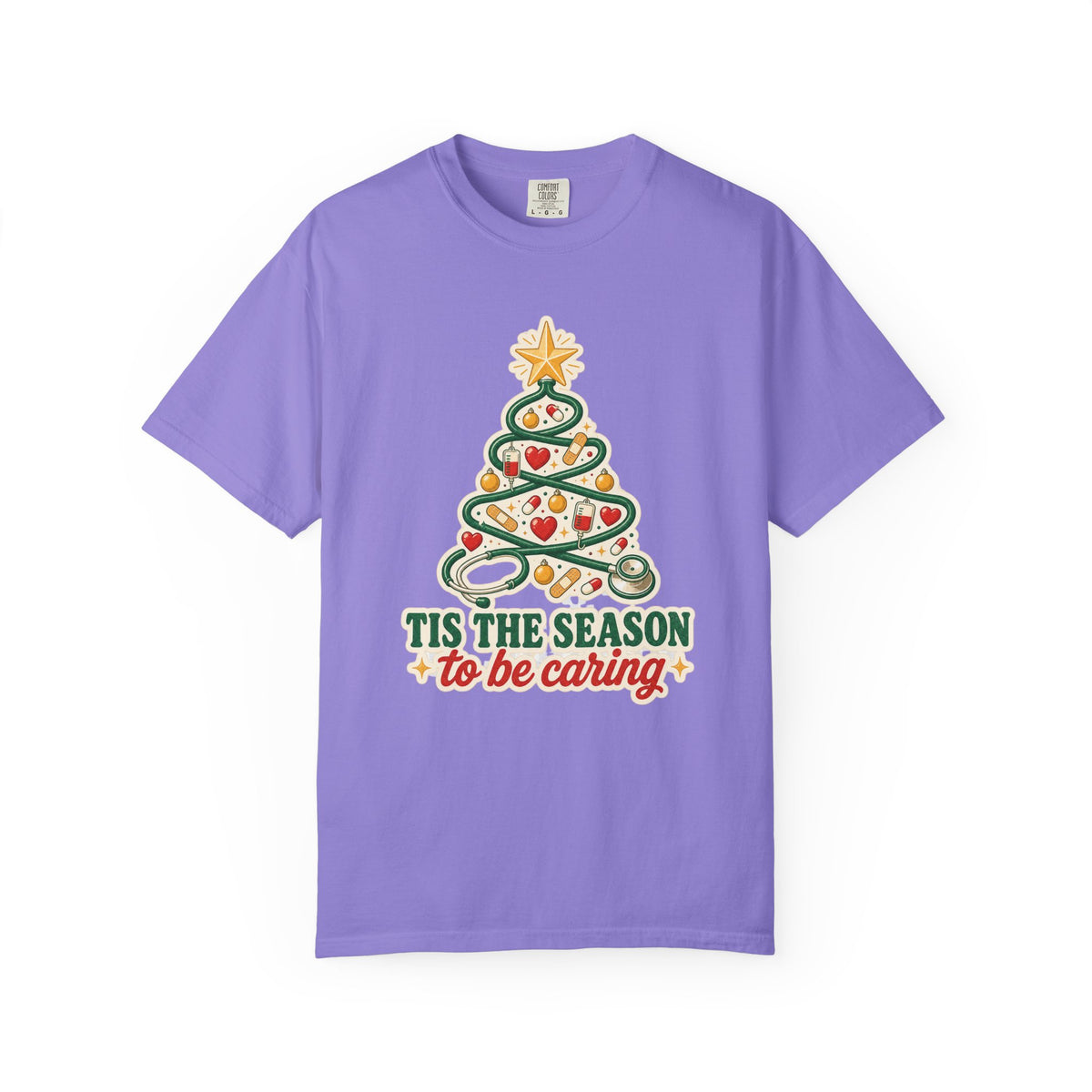 Tis the Season to Be Caring stethoscope Christmas tree Comfort Colors 1717 tee in Violet