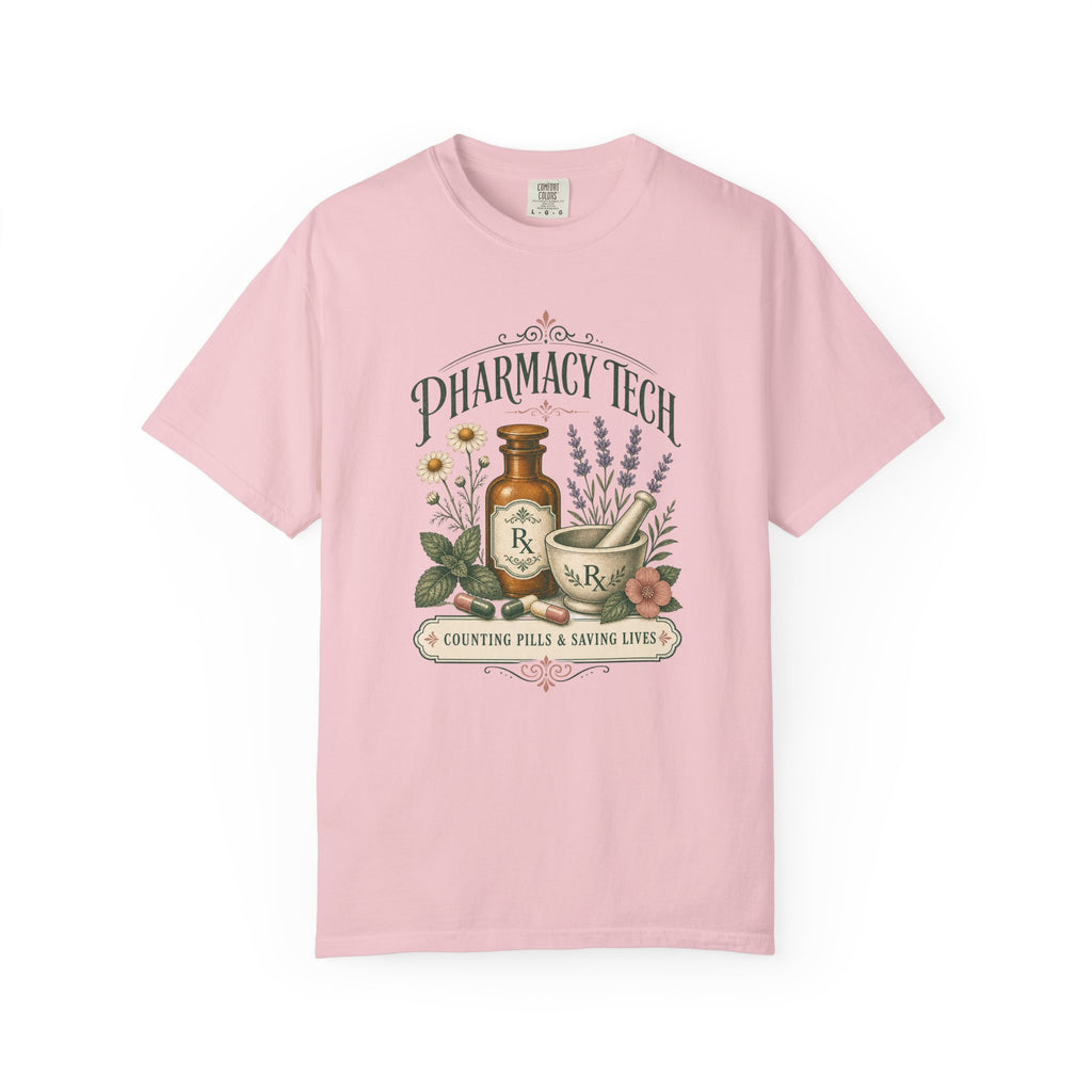 Pharmacy Tech Counting Pills and Saving Lives botanical Comfort Colors 1717 tee in Blossom
