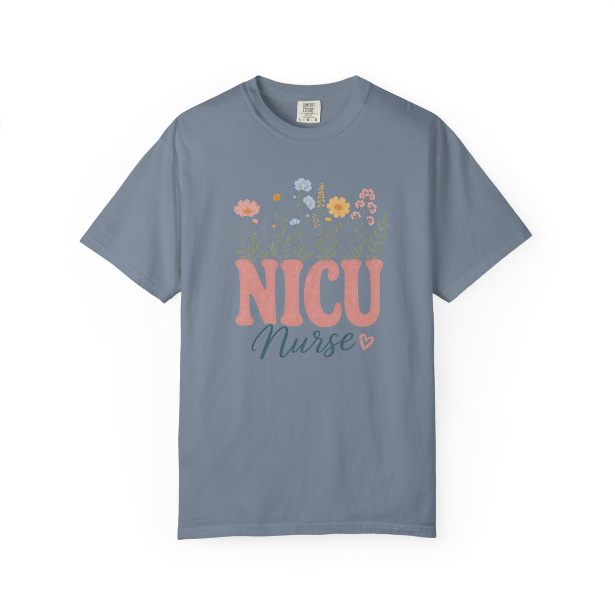 Pastel wildflower NICU Nurse Comfort Colors 1717 tee in Blue Jean