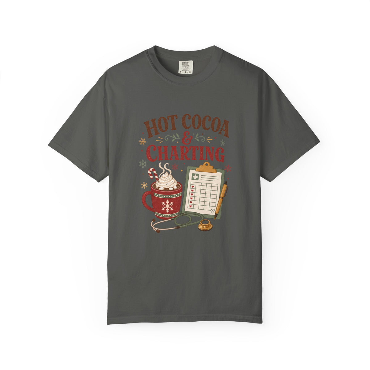Hot Cocoa and Charting printed Comfort Colors 1717 Christmas tee in Pepper