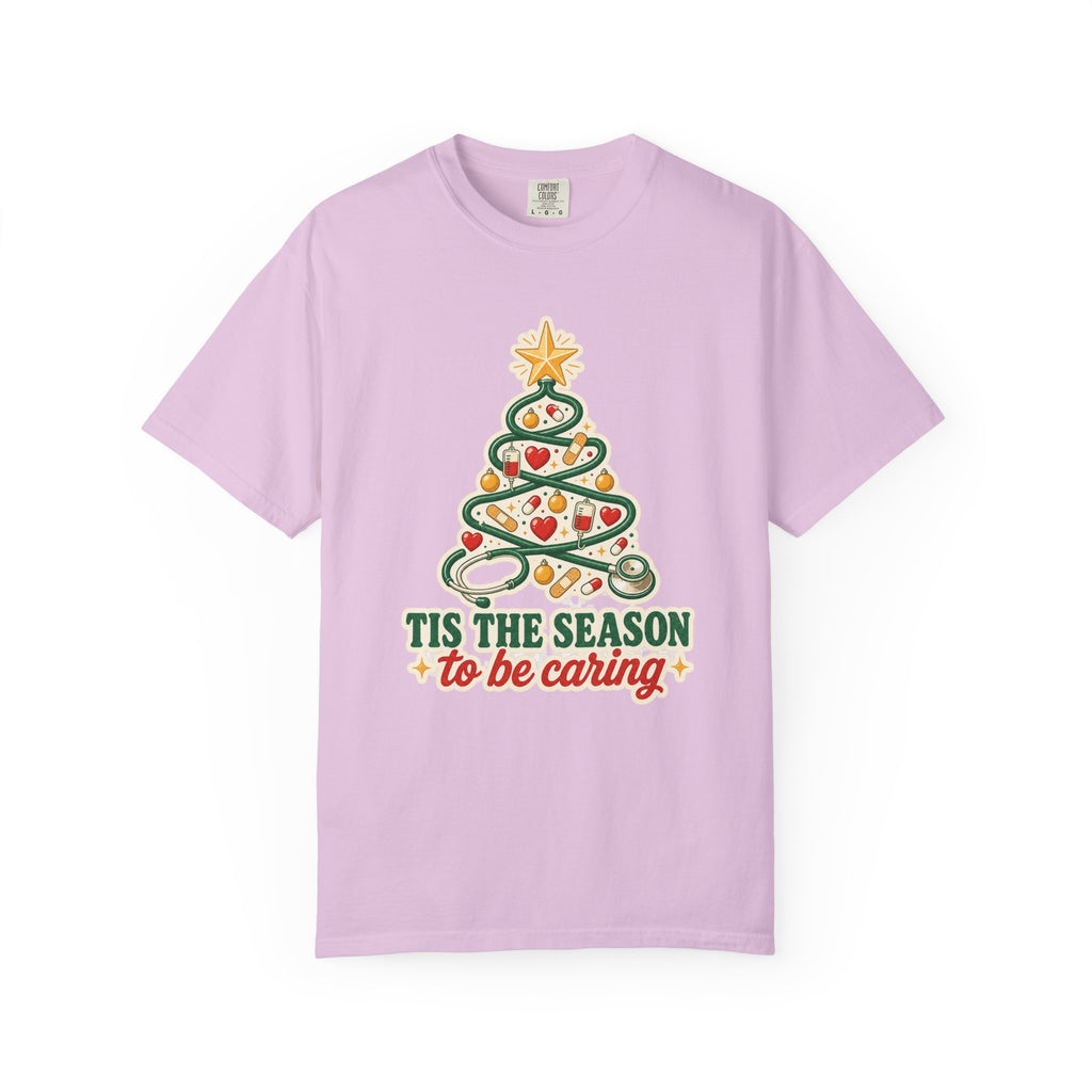 Tis the Season to Be Caring stethoscope Christmas tree Comfort Colors 1717 tee in Orchid