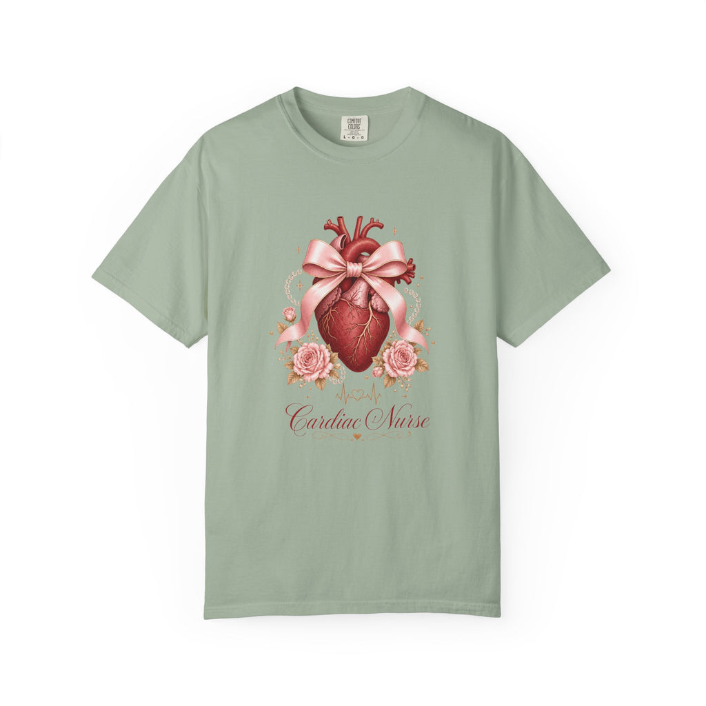 Cardiac Nurse anatomical heart, pink bow and roses Comfort Colors 1717 tee in Bay