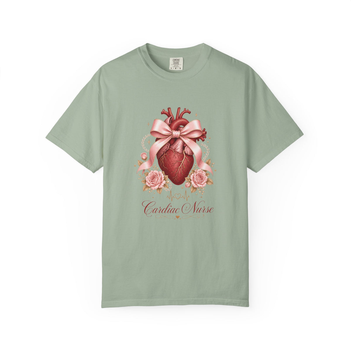 Cardiac Nurse anatomical heart, pink bow and roses Comfort Colors 1717 tee in Bay