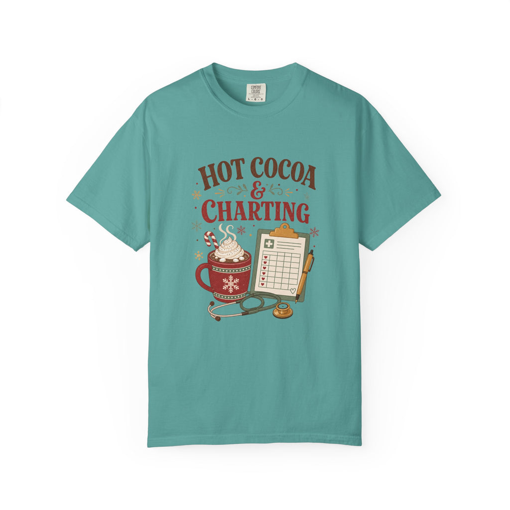 Hot Cocoa and Charting printed Comfort Colors 1717 Christmas tee in Seafoam