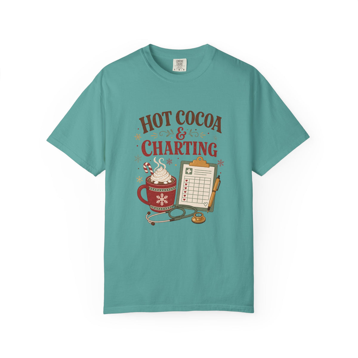 Hot Cocoa and Charting printed Comfort Colors 1717 Christmas tee in Seafoam