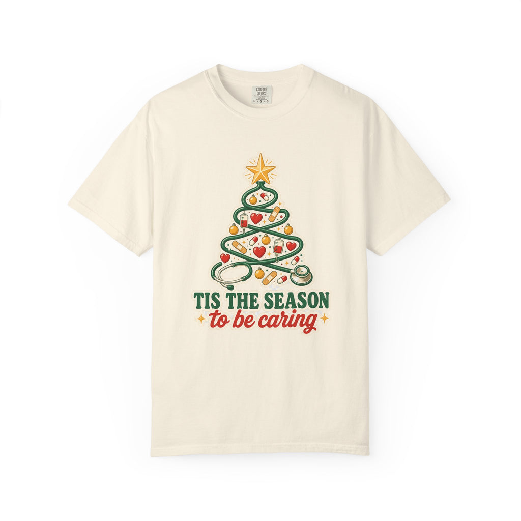 Tis the Season to Be Caring stethoscope Christmas tree Comfort Colors 1717 tee in Ivory