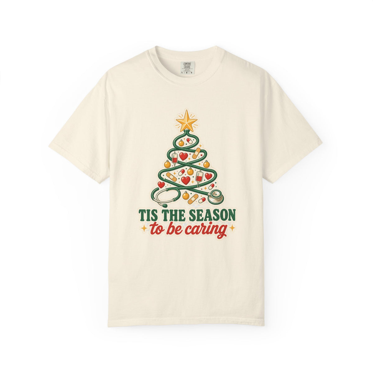 Tis the Season to Be Caring stethoscope Christmas tree Comfort Colors 1717 tee in Ivory