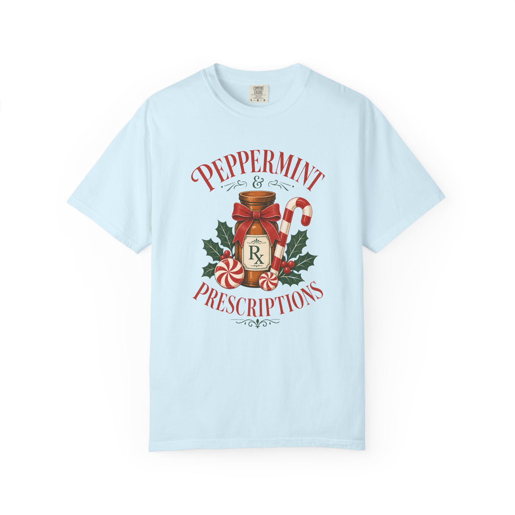 Peppermint and Prescriptions Rx bottle Christmas Comfort Colors 1717 tee in Chambray