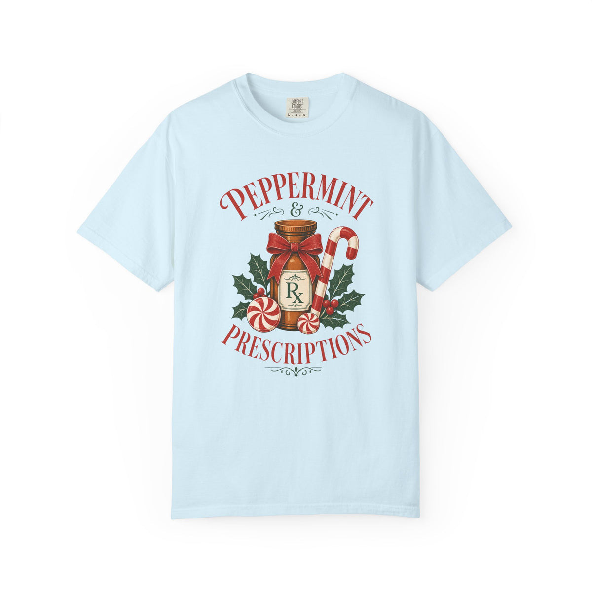 Peppermint and Prescriptions Rx bottle Christmas Comfort Colors 1717 tee in Chambray