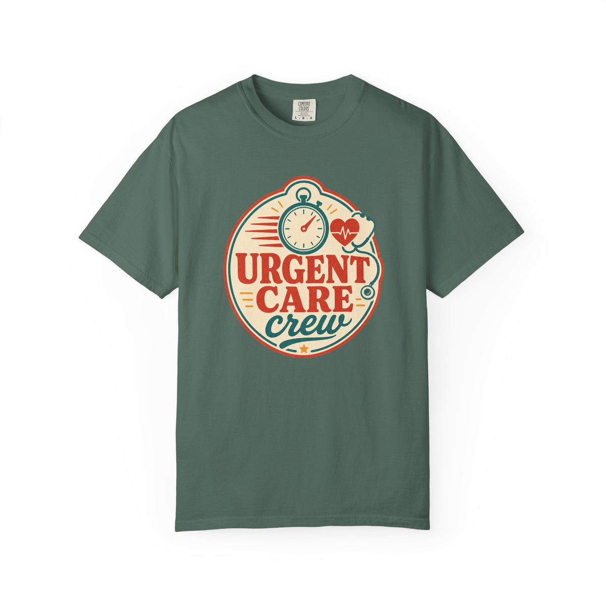 Urgent Care Crew printed Comfort Colors1717 tee in Blue Spruce
