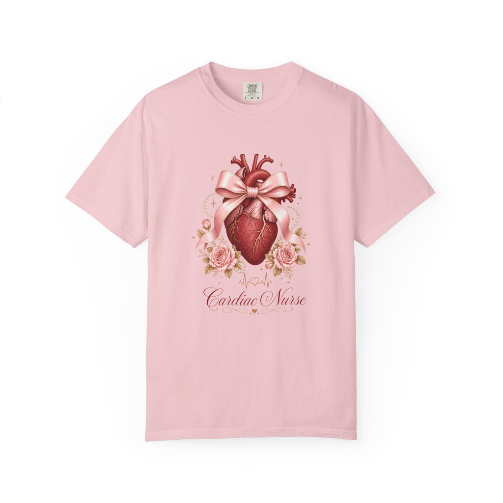Cardiac Nurse anatomical heart, pink bow and roses Comfort Colors 1717 tee in Blossom