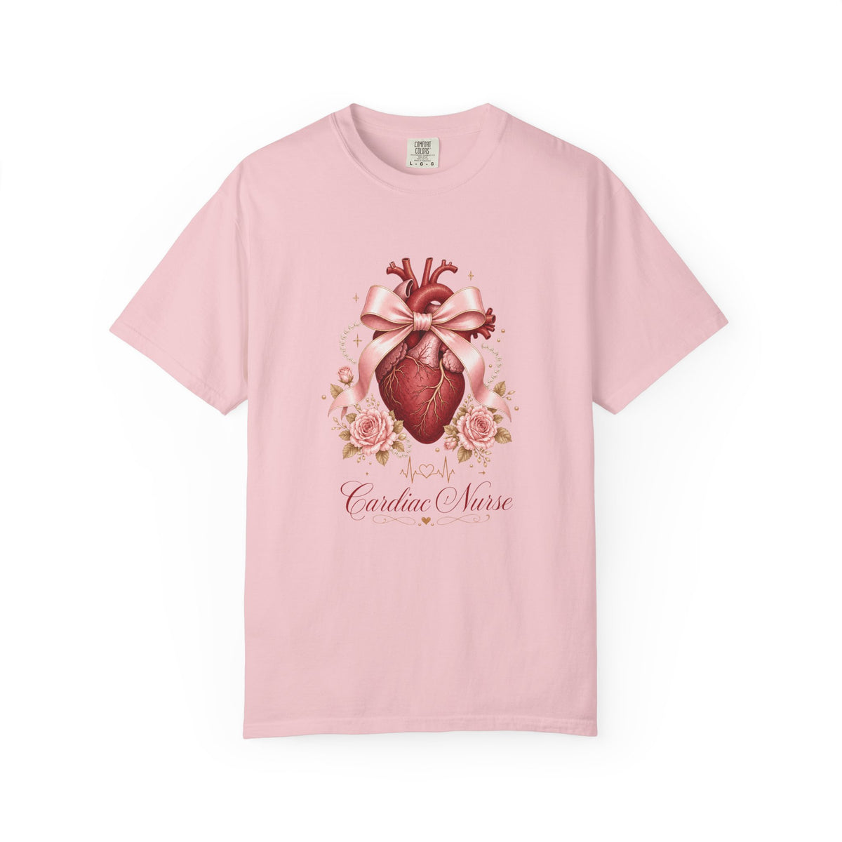Cardiac Nurse anatomical heart, pink bow and roses Comfort Colors 1717 tee in Blossom